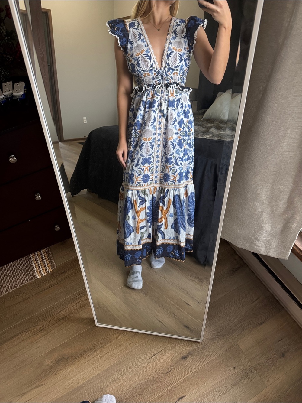 Bohemian Blue Floral Maxi Dress with Ruffle Sleeves